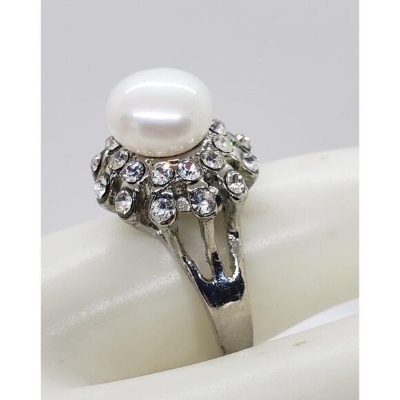 Vintage Big Ring Silver Genuine Pearl & Rhinestone Cluster Cocktail Domed sz 9 - Picture 5 of 7